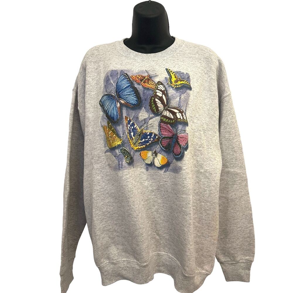 Monarch Butterfly Fairy Gray Crewneck Sweatshirt Multicolor Cozy Women Size L